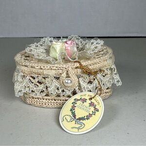 Vintage lace and hand crocheted Trinket Box with satin flowers. New With Tags.